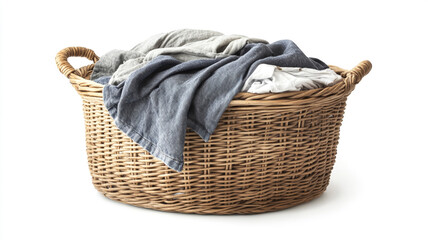 Obraz premium pile of clean laundry in a wicker basket isolated on a white background