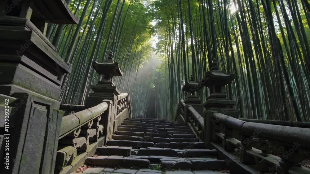 Poster bamboo forest pathway with sunlight filtering through trees during serene morning hours