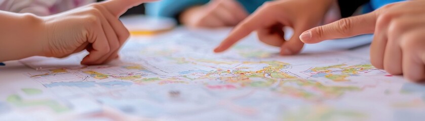 Hands Pointing at Strategy Map During Collaborative Planning Session for Collective Responsibility and Decision Making