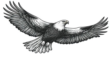 Fototapeta premium Majestic bald eagle in flight, monochrome illustration.