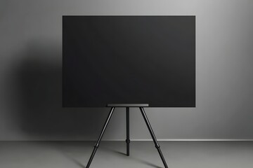 A blank black canvas on a tripod stand against a minimalist gray background.