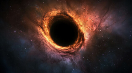 Naklejka premium Mysterious Black Hole Floating Amidst Cosmic Ruins of Shattered Stars
