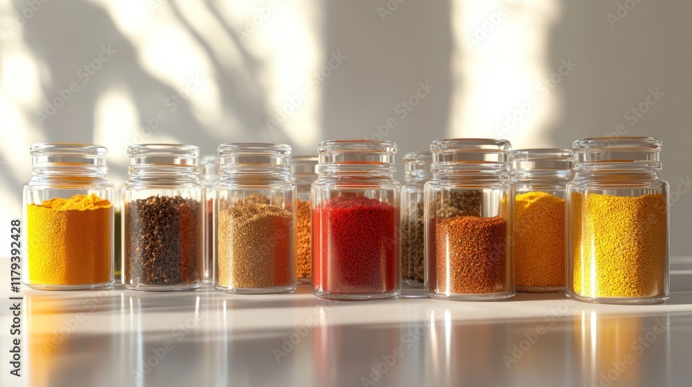 Poster colorful array of spices displayed in glass jars on a bright countertop in the morning light. genera