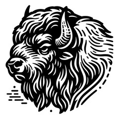 Fototapeta premium buffalo head with intricate fur details and strong lines, symbolizing strength and resilience sketch engraving generative ai PNG illustration. Scratch board imitation. Black and white image.