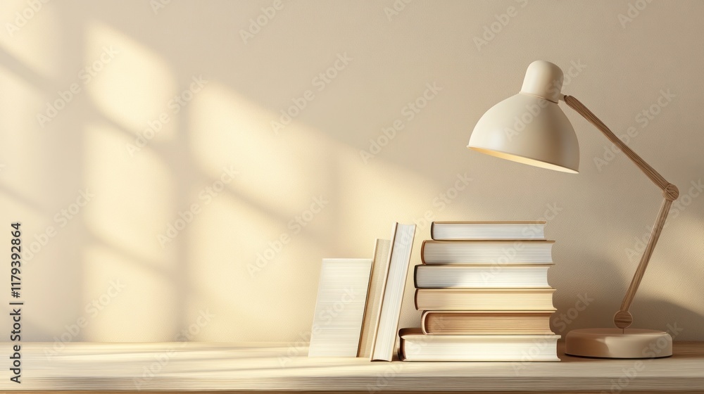 Aufkleber modern desk lighting with stacked books and a lamp in a bright workspace. generative ai