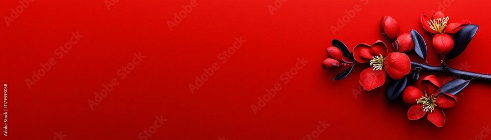 Poster red bloom banner: a striking red background with a delicate branch of blooming flowers, a perfect vi