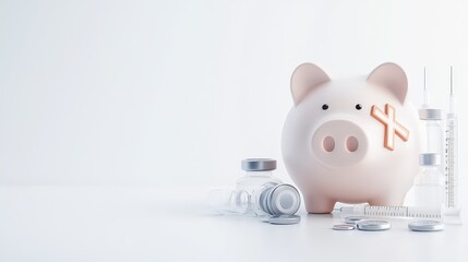 A minimalist design featuring a piggy bank adorned with medical symbols like crosses and syringes, on a clean white canvas.