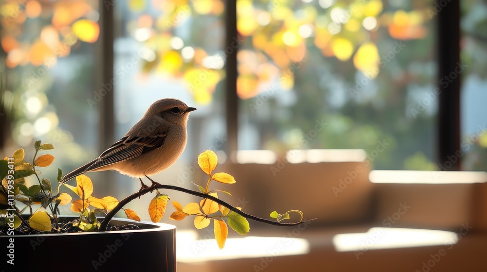 Aufkleber small bird perched on a branch near window with soft sunlight filtering through leafy plants. genera