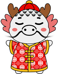 Cute cartoon Dragoncharacter dressed in traditional festive attire with hat