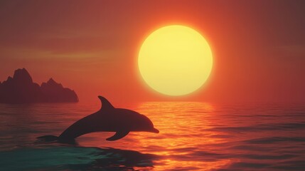 A dolphin's silhouette is framed against the setting sun, creating a moment of serene beauty