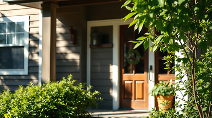 Fototapeta premium A gray house's front entrance features a brown wooden door with glass panels, flanked by white trim. Lush green shrubs and a tree partially obscure the view. Sunlight casts shadows on the siding.