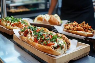 Delicious street food featuring gourmet hot dogs with various toppings at a vibrant city market