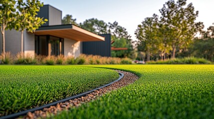Obraz premium Green grass path curves through a landscaped yard beside a modern building during sunset. Generative AI