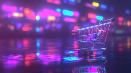 Colorful Shopping Cart with Neon Lights Reflections at Night