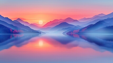 Fototapeta premium Serene sunrise over misty mountain lake reflecting vibrant sky, ideal for calming backgrounds.