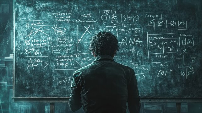 Person analyzing complex mathematical equations on a chalkboard in a dimly lit study room. Generative AI