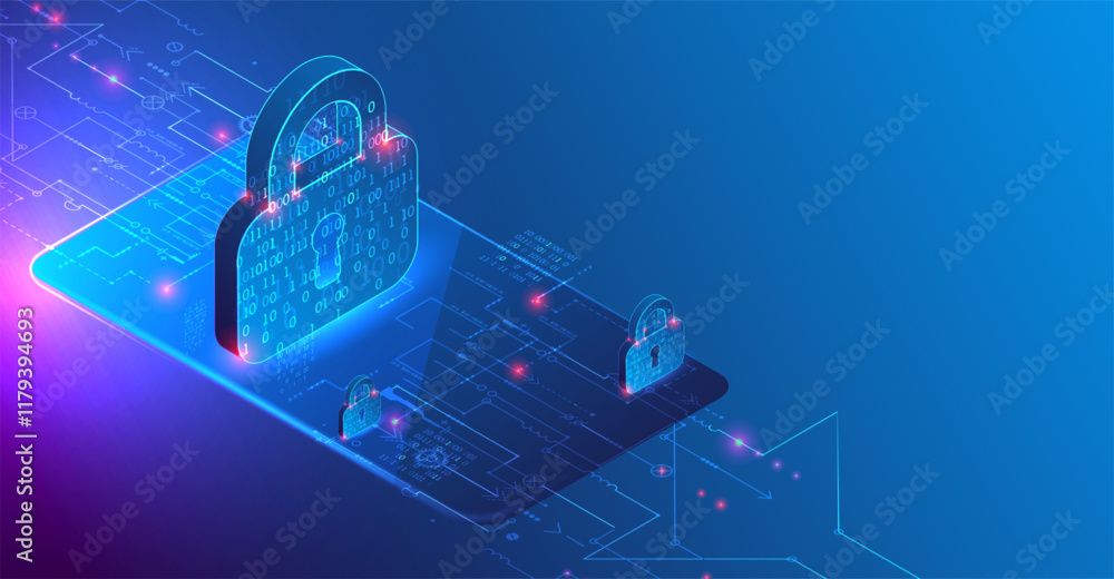 Poster Data protection. Isometric image of a smartphone with a picture of a lock and various technological elements.