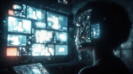 Woman immersed in futuristic technology while observing multiple screens at night. Generative AI