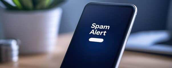 Spam Call Concept, Modern smartphone displaying an alert notification indicating potential spam, against a blurred background with soft lighting and greenery.