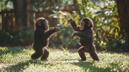 Two baby chimpanzees playfully interacting in a lush green environment.