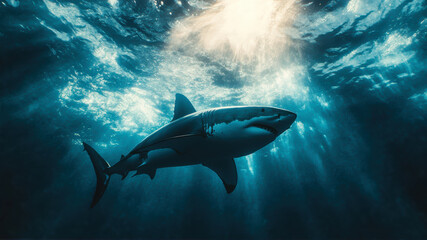 Fototapeta premium Majestic Great White Shark Gliding Effortlessly Beneath Shimmering Ocean Surface