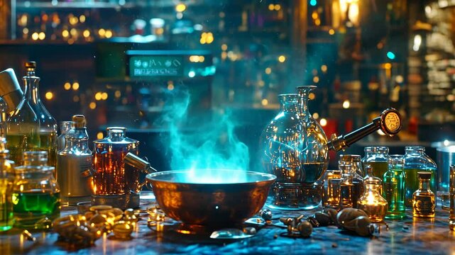 Mystical potion brewing in a dimly lit apothecary filled with glowing bottles in a captivating fantasy setting