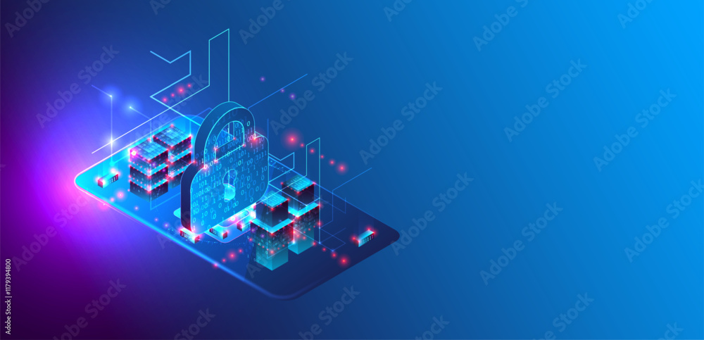Aufkleber Data protection. Isometric image of a smartphone with a picture of a lock and various technological elements.