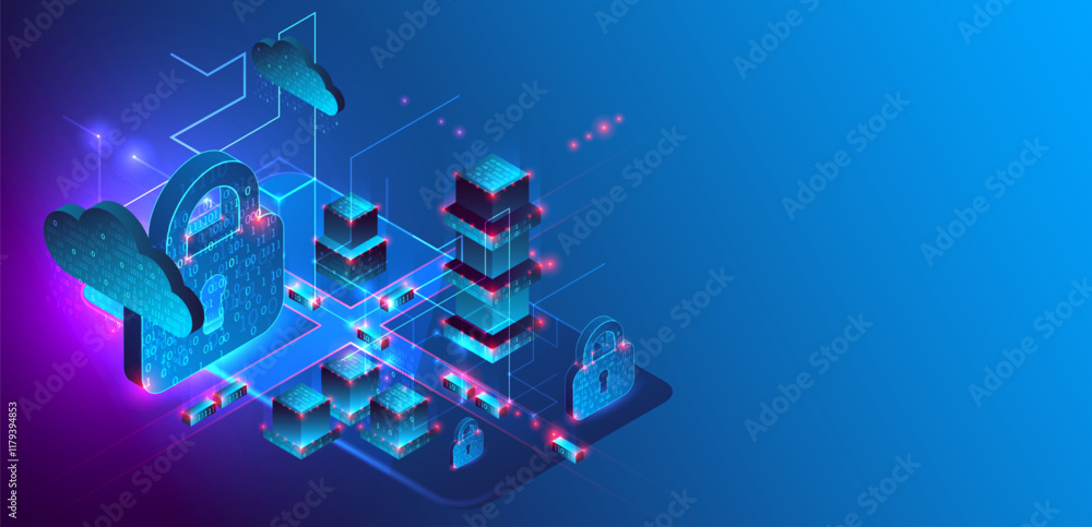 Poster Data protection. Isometric image of a smartphone with a picture of a lock and various technological elements.