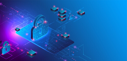 Data protection. Isometric image of a smartphone with a picture of a lock and various technological elements.