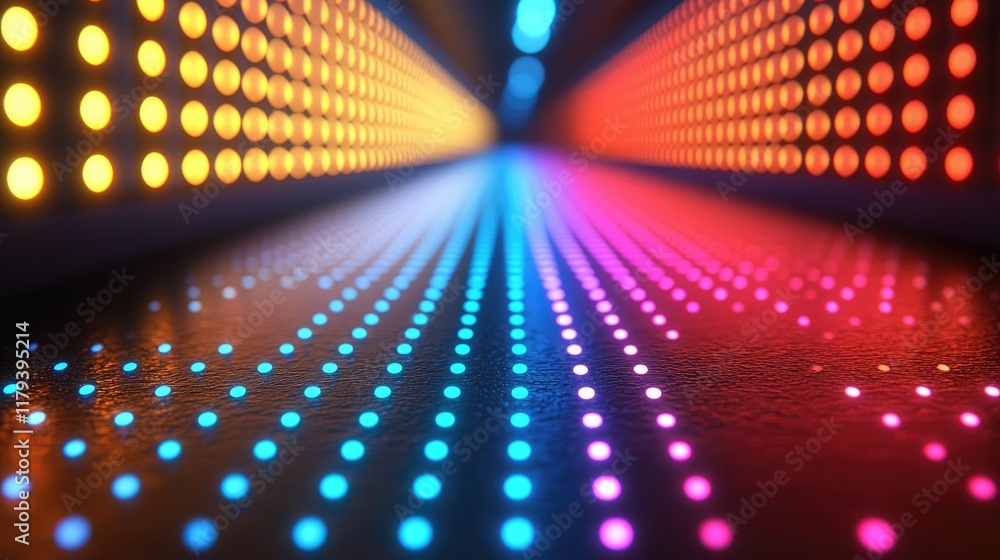 Poster abstract futuristic led light tunnel: vibrant colors, glowing lines, and dynamic patterns create a s