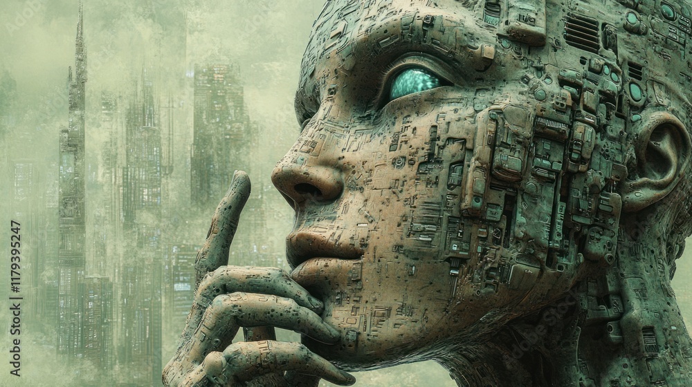 Poster intriguing futuristic humanoid figure with intricate circuitry gazes thoughtfully into the distance.