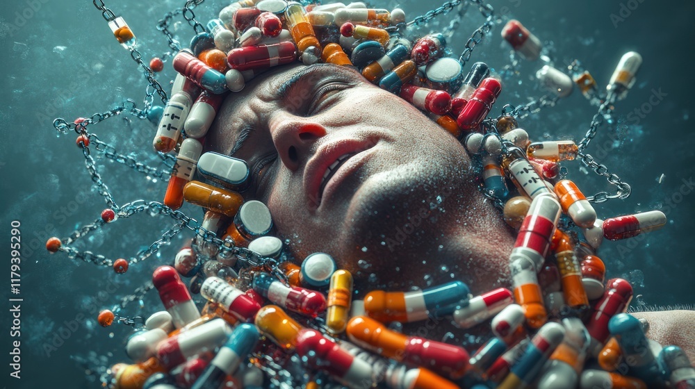 Poster person submerged underwater surrounded by colorful capsules and chains creating a surreal atmosphere