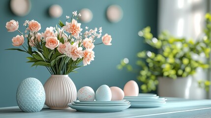 Obraz premium A modern flat of an elegantly set Easter table with pastel linens, decorative plates, and a floral centerpiece.