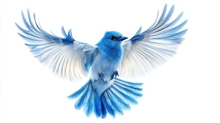 Obraz premium Vivid Blue Bird in Flight with Expansive Wings Against White Background