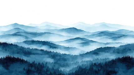 Misty Blue Mountain Range Landscape, Foggy Forest Peaks, Nature Scene, Calm Serenity, Decor Print.