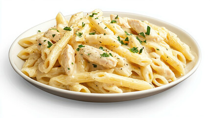 Classic Chicken Alfredo Pasta on White Plate with Fresh Herbs and Creamy Sauce