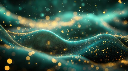 Abstract Green and Gold Waves with Sparkling Particles in Motion