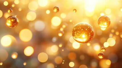 Glimmering Golden Orbs in Soft Bokeh Background with Light Reflections