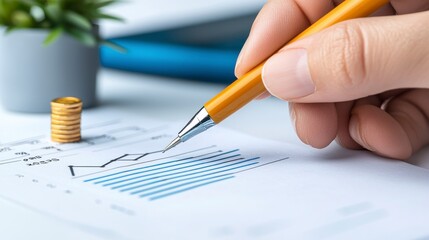 Hand Holding Pen Analyzing Financial Growth on Paper with Coins