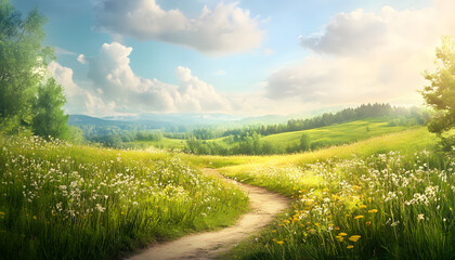 Fototapeta premium Serene Path Through Blooming Wildflower Meadow And Hills