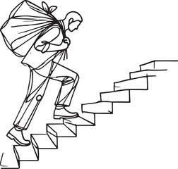 Man’s Struggle and Strength. Line Drawing of Climbing Stairs with a Load