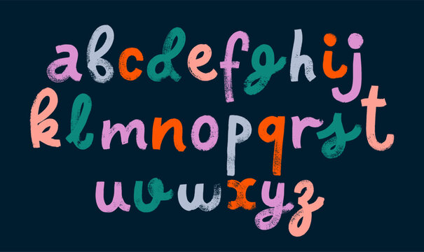 Funky brush drawn colorful lowercase letters. Kid's style typography with cursive letters and rough texture.