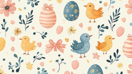 A seamless flat  pattern of Easter eggs and decorations, including bows, chicks, and pastel motifs, on a light background.