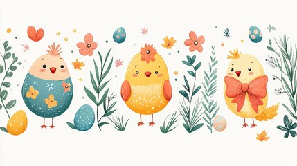 A seamless flat  pattern of Easter eggs and decorations, including bows, chicks, and pastel motifs, on a light background.