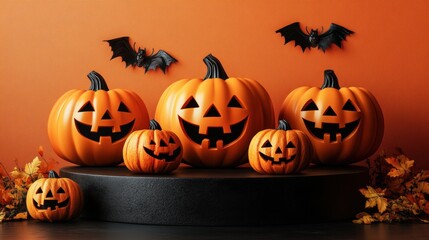 Festive Halloween Pumpkins with Bats on a Stylish Orange Background