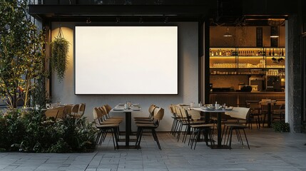 Restaurant Exterior Mockup: Blank Billboard and Outdoor Seating