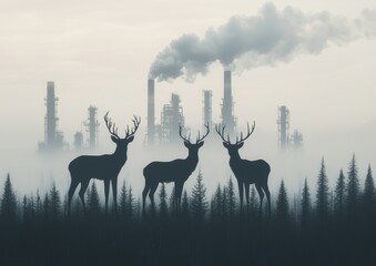 Deforestation impacts carbon concept. Silhouettes of deer stand in a foggy forest, contrasting against a polluted industrial skyline emitting smoke.