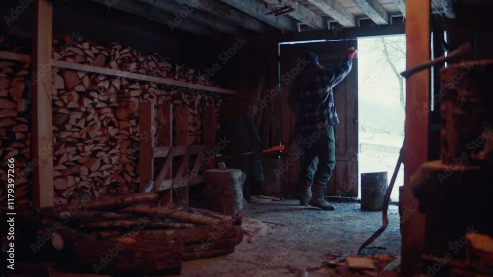 Aufkleber a man is organizing items and stacking firewood inside the storage area - static shot