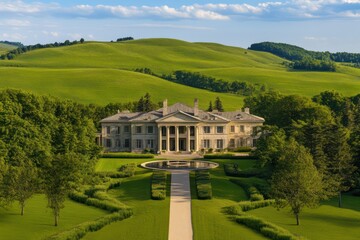 A grand estate surrounded by rolling green hills, symmetrical architecture, and classic details