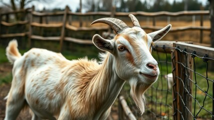 Goat enjoys a sunny day in a rustic farm setting with wooden fence and lush greenery around